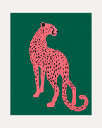 Afternoon Cheetah unframed cheetah wall art print showing a pink cheetah on green