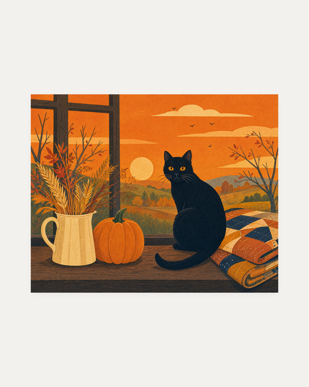 Black Cat Autumn Window unframed autumn cat print showing black cat, autumn window, pumpkin, and wheat jug