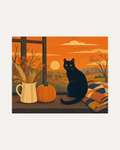 Black Cat Autumn Window unframed autumn cat print showing black cat, autumn window, pumpkin, and wheat jug