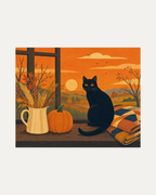 Black Cat Autumn Window unframed autumn cat print showing black cat, autumn window, pumpkin, and wheat jug