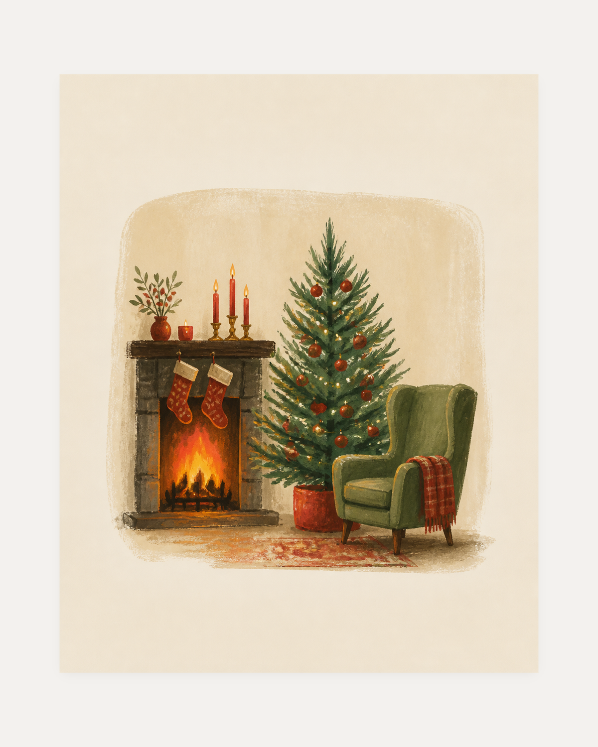 Fireside Eve unframed vintage christmas prints print showing a fireplace, tree, and green chair