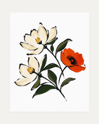Two Magnolias One Rust Poppy unframed vintage magnolia wall art print showing two cream magnolias and one rust poppy in black ink outlines
