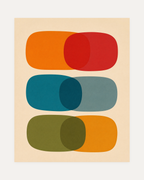 Pill Count, mid century pill wall art, orange-red and teal capsule bands in vertical rows on cream