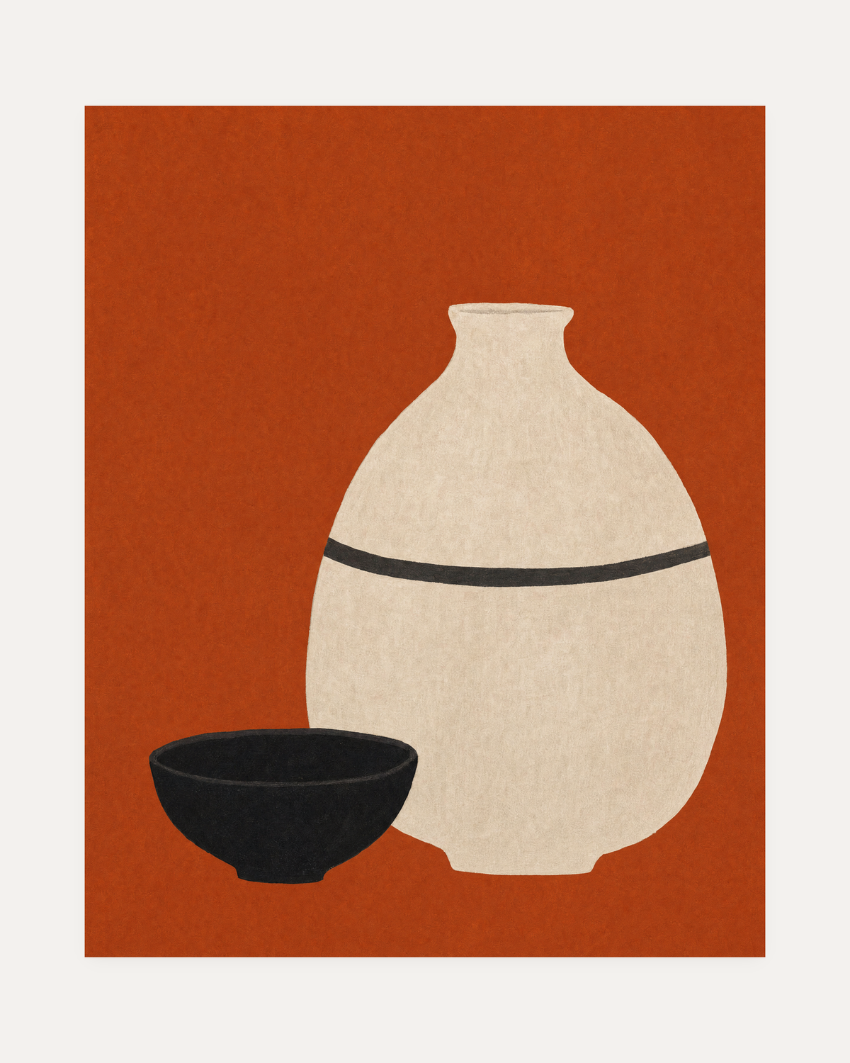 Bottle Hour cream bottle wall art, pale vessel beside low black bowl on terracotta background