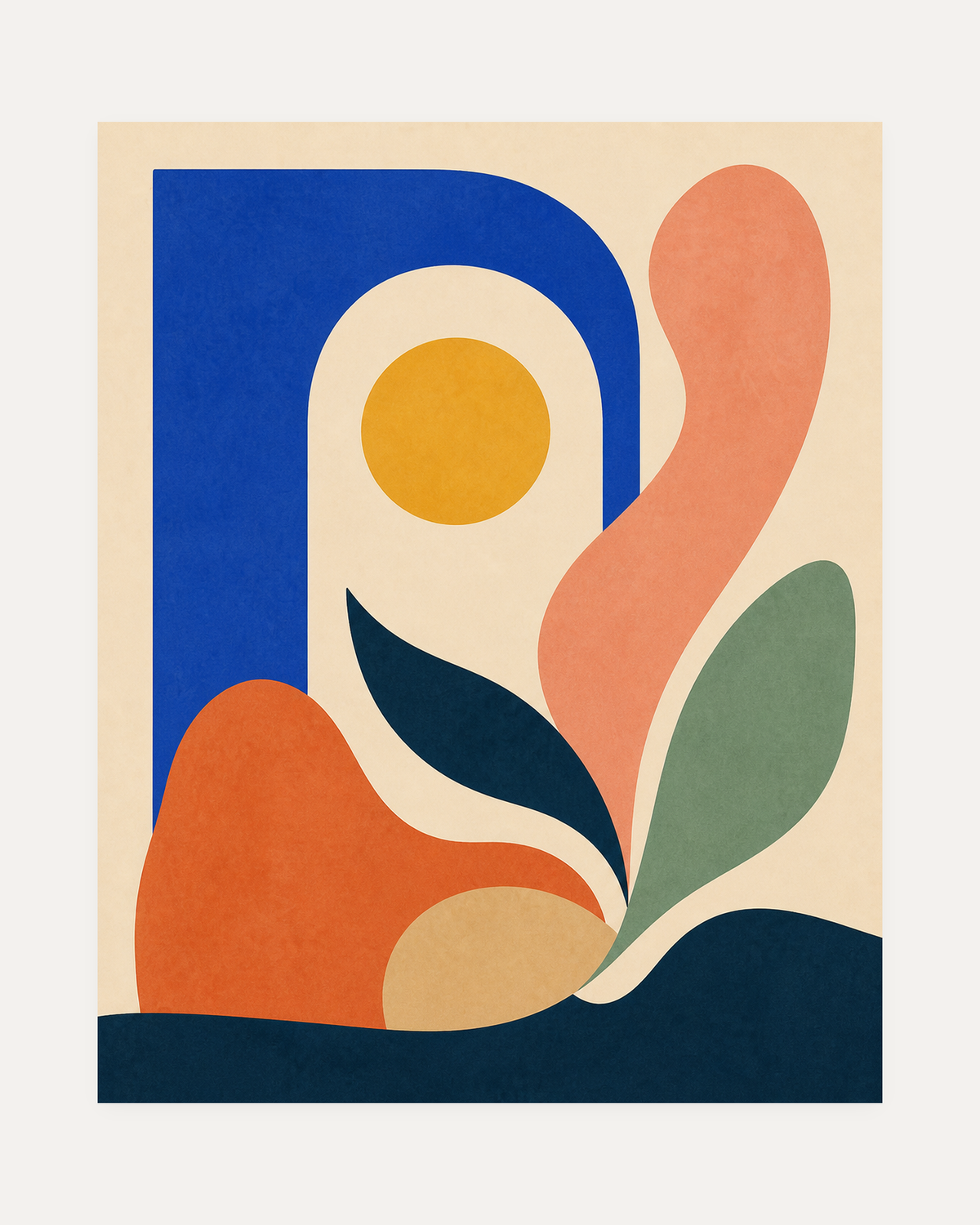 Sunleaf Arch unframed leaf prints wall art print showing coral and sage leaves beside a cobalt arch