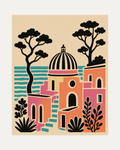 Harbor Noon unframed coastal art prints print showing a striped dome over coral buildings and teal water
