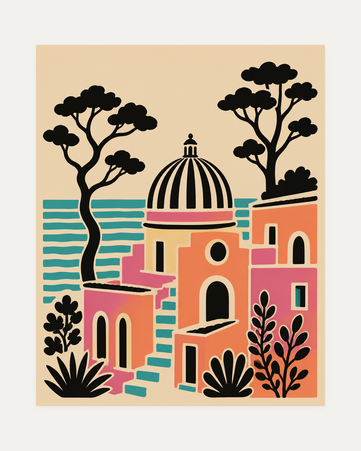 Harbor Noon unframed coastal art prints print showing a striped dome over coral buildings and teal water