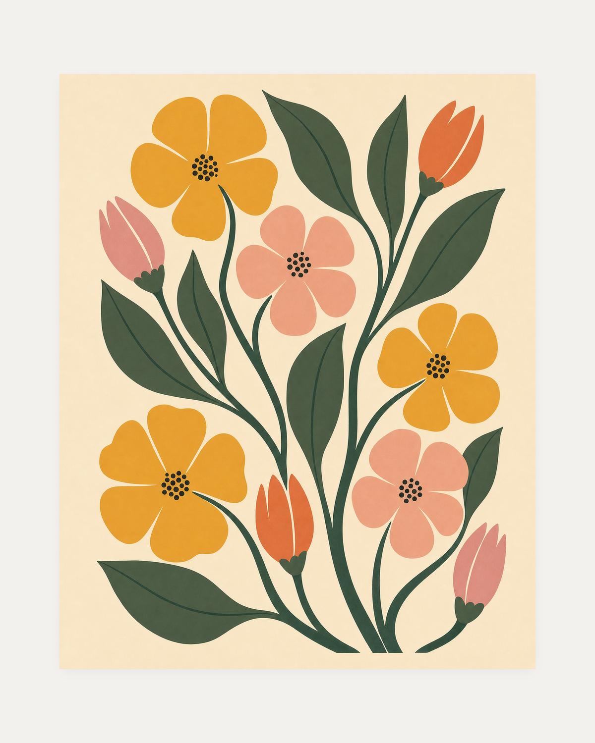 Bloom Hour unframed flower wall art print showing yellow, pink, and orange blooms