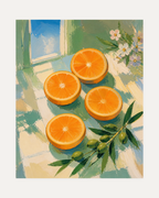 Citrus Noon citrus wheel wall art with orange slices, green olive branch, and small white blossoms
