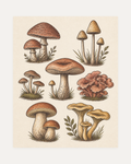 Mushroom Specimen Plate, botanical mushroom prints, seven brown mushroom clusters on cream paper with grass