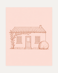 Rust Line Cottage unframed line drawing wall art print showing a rust line cottage with a tiled roof and two shuttered windows