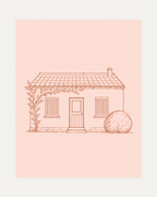 Rust Line Cottage unframed line drawing wall art print showing a rust line cottage with a tiled roof and two shuttered windows