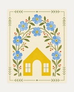 Bloom Cottage unframed cottage wall art print showing a yellow house under blue flowers