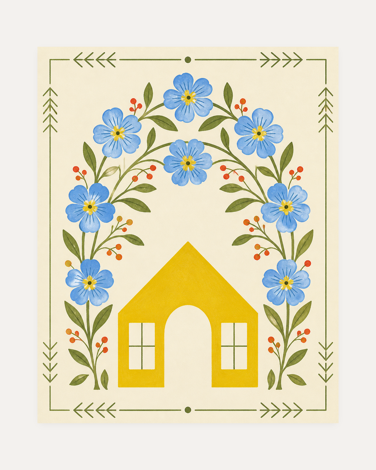 Bloom Cottage unframed cottage wall art print showing a yellow house under blue flowers