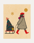 Winter Errand unframed wrapped sled print showing a figure pulling a sled with a tree