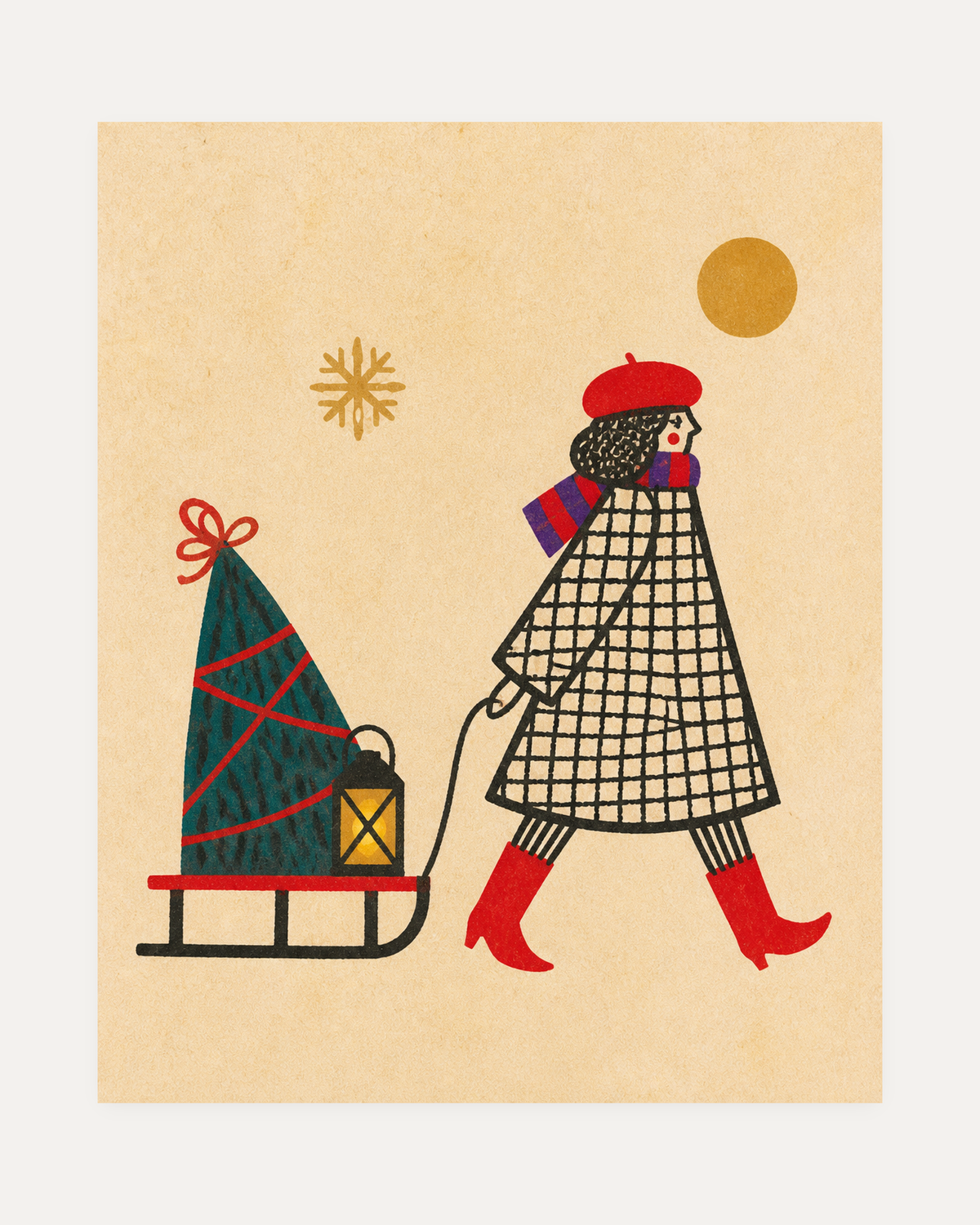 Winter Errand unframed wrapped sled print showing a figure pulling a sled with a tree