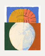 Split Horizon unframed blue geometric wall art print showing circle and semi-circle in blue, orange, and white
