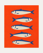 Silver School unframed fish art prints print showing five silver fish on orange