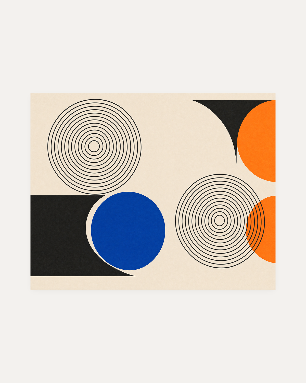 Blue Reply, concentric ring wall art with black line rings, a blue disc, and small orange accents.