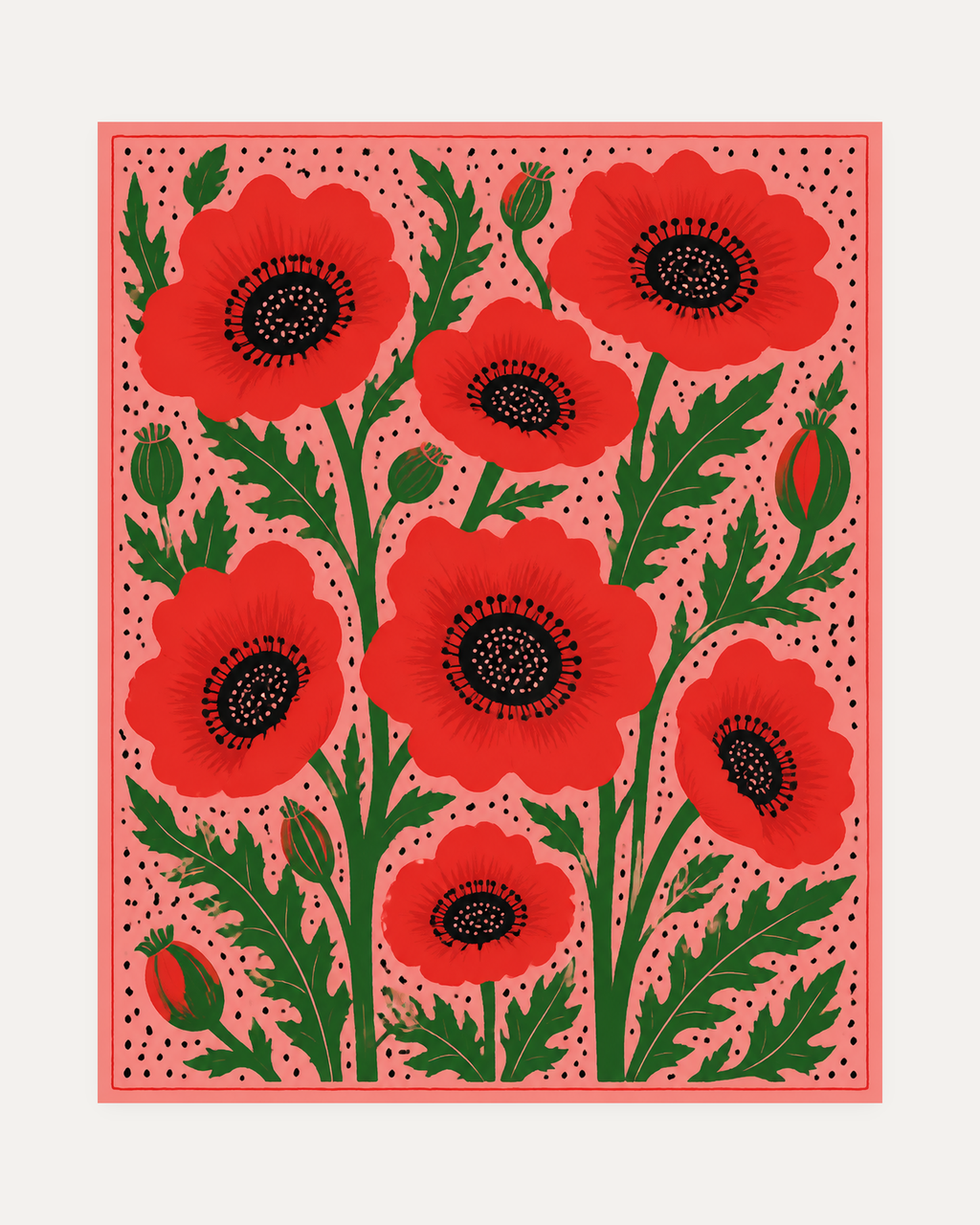 Red Poppies On Pink, red poppy artwork, red poppies with black centers, green leaves, pink dotted field
