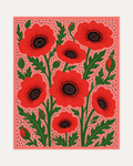 Red Poppies On Pink, red poppy artwork, red poppies with black centers, green leaves, pink dotted field