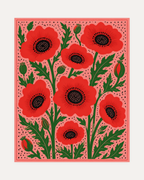 Red Poppies On Pink, red poppy artwork, red poppies with black centers, green leaves, pink dotted field