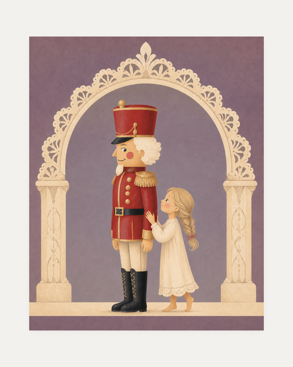Nutcracker Night unframed nutcracker girl print showing a nutcracker and a girl under an arch