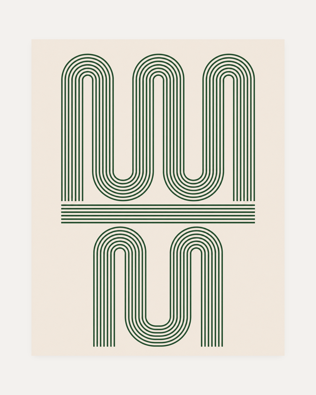 The Pause, green hairpin wall art, dark green squared curves on cream, beige space, portrait geometric layout