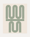 The Pause, green hairpin wall art, dark green squared curves on cream, beige space, portrait geometric layout