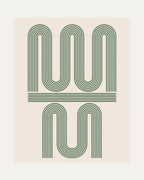 The Pause, green hairpin wall art, dark green squared curves on cream, beige space, portrait geometric layout