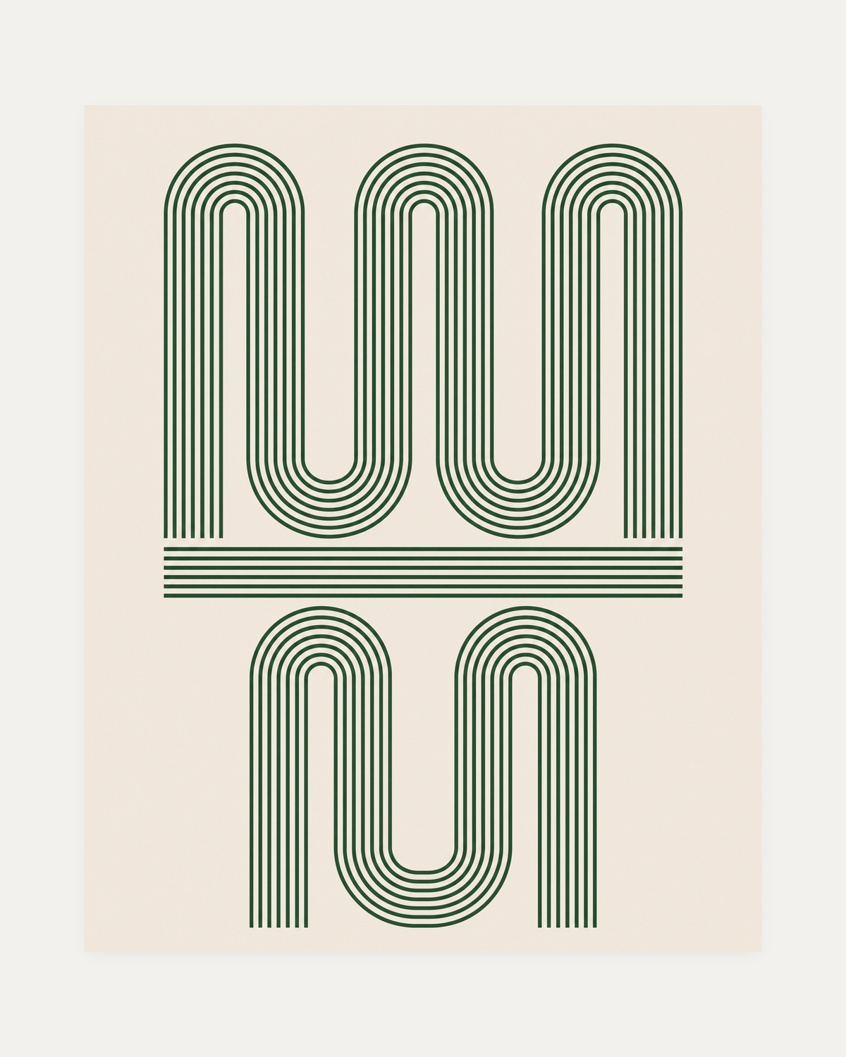 The Pause, green hairpin wall art, dark green squared curves on cream, beige space, portrait geometric layout