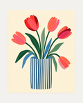 Morning Tulips unframed tulip art print showing tulips in a blue-and-white striped vase