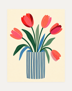 Morning Tulips unframed tulip art print showing tulips in a blue-and-white striped vase