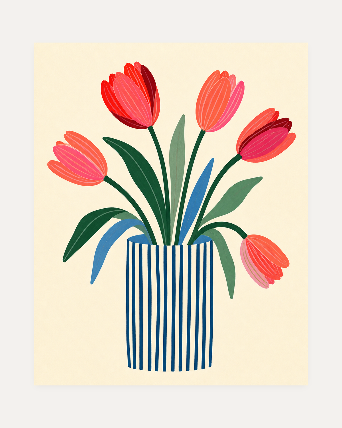 Morning Tulips unframed tulip art print showing tulips in a blue-and-white striped vase