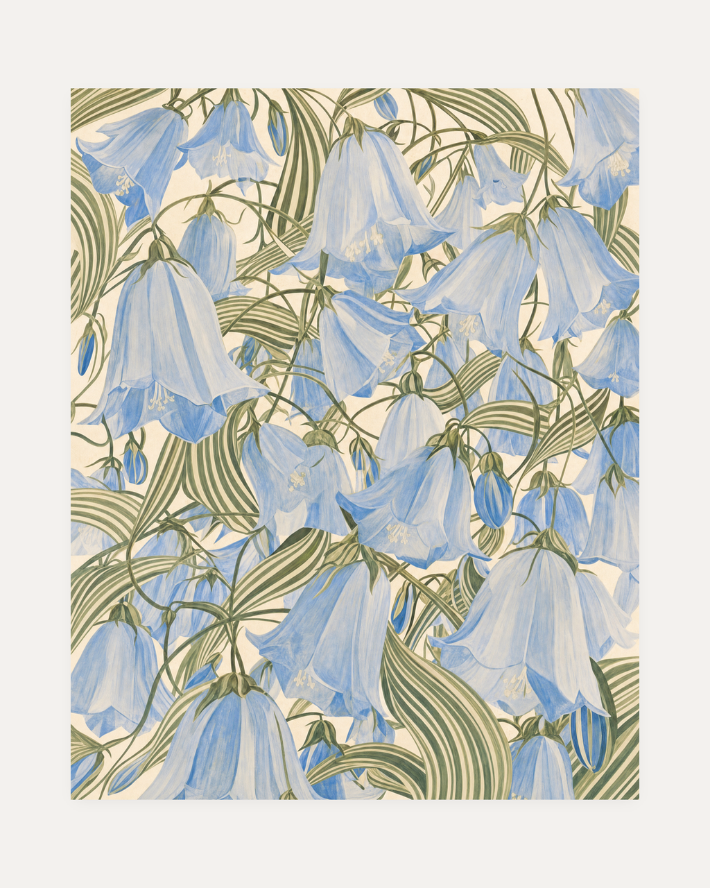 Blue Bells, blue bellflower wall art, hanging blue blooms, green striped leaf spray, cream ground