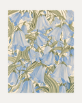 Blue Bells, blue bellflower wall art, hanging blue blooms, green striped leaf spray, cream ground