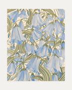 Blue Bells, blue bellflower wall art, hanging blue blooms, green striped leaf spray, cream ground