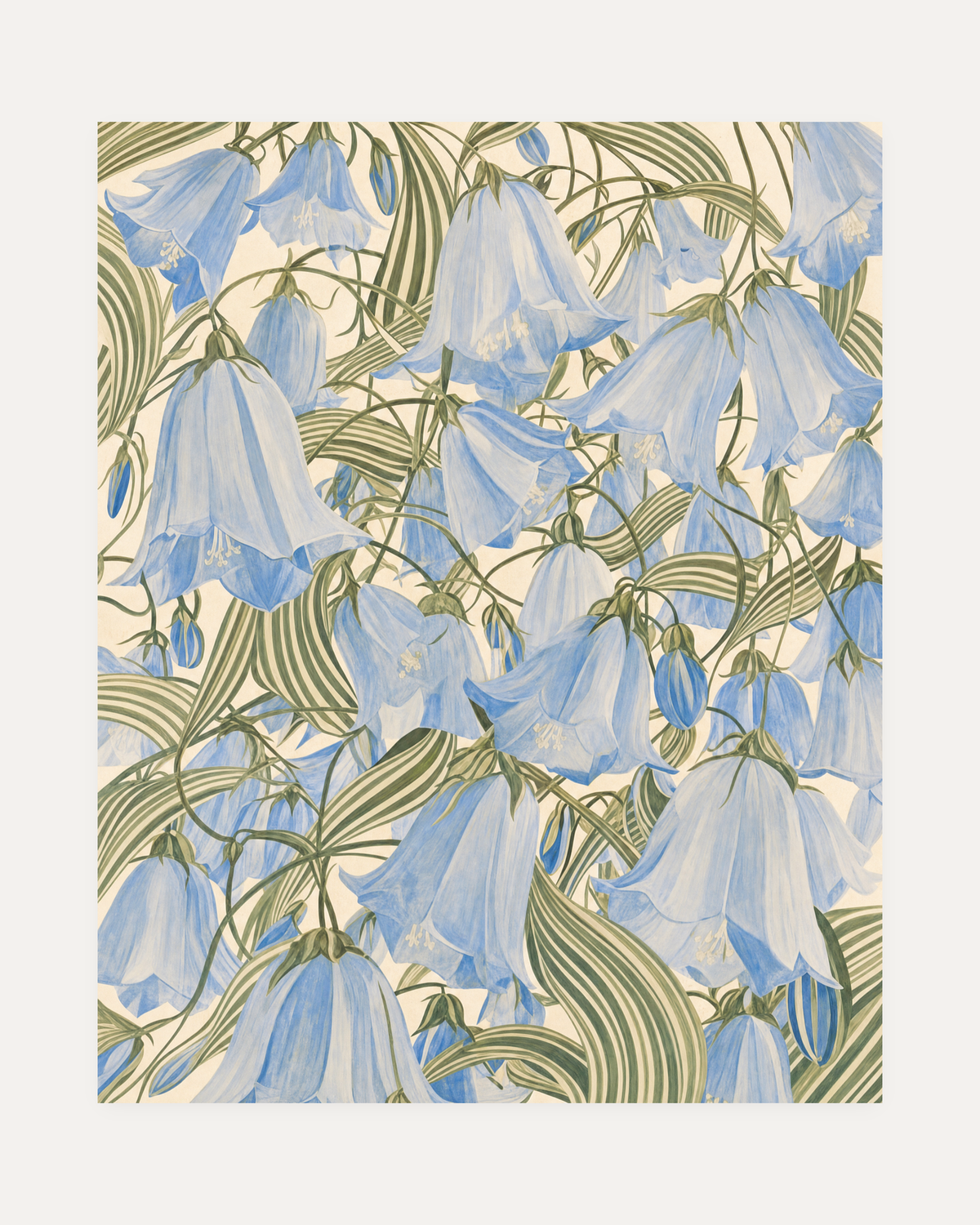 Blue Bells, blue bellflower wall art, hanging blue blooms, green striped leaf spray, cream ground