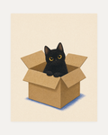 Black Cat in Shipping Box unframed cat in a box art print showing black kitten, kraft shipping box, and blue hatch shadow on cream