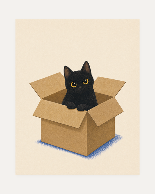 Cat in a Box, cat in a box art print, black kitten in kraft carton, yellow eyes, blue shadow on cream