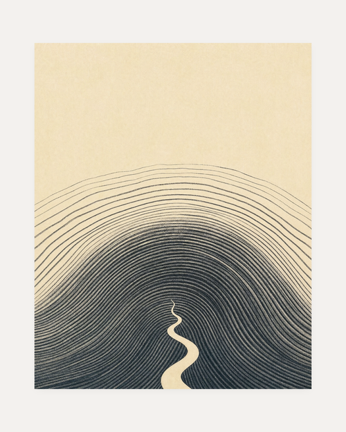 Charcoal Hill Rings from Path, topographic line print, nested black contours, cream path, beige space
