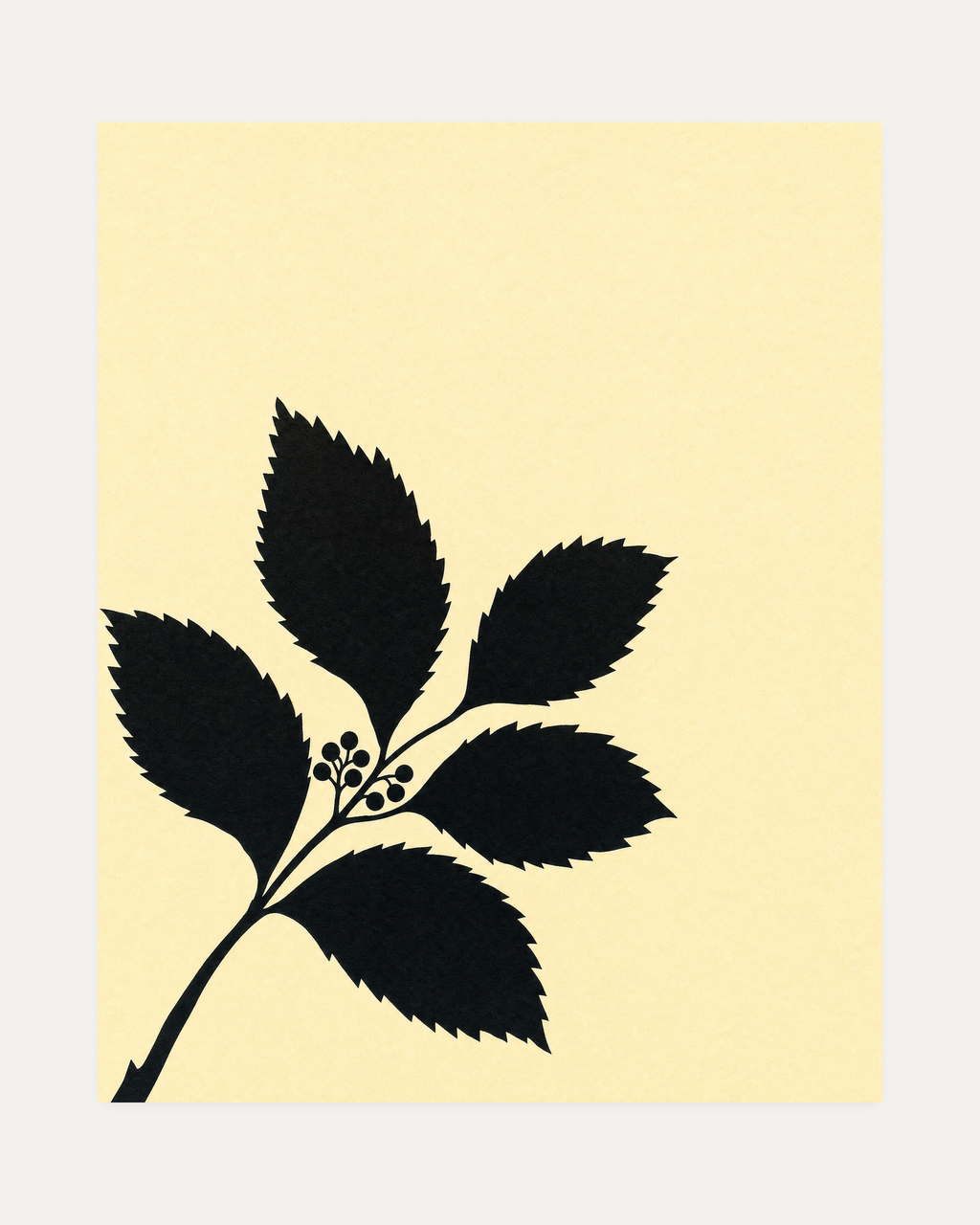 Black Leaf Sprig unframed leaf silhouette print showing leaf, branch, and berries in black and beige