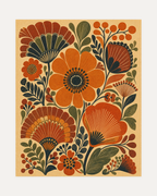 The Garden Fan, burnt orange folk flower wall art, two round flowers, olive fanned leaf, cream ground