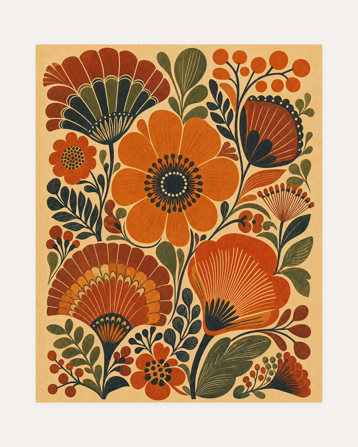 The Garden Fan, burnt orange folk flower wall art, two round flowers, olive fanned leaf, cream ground
