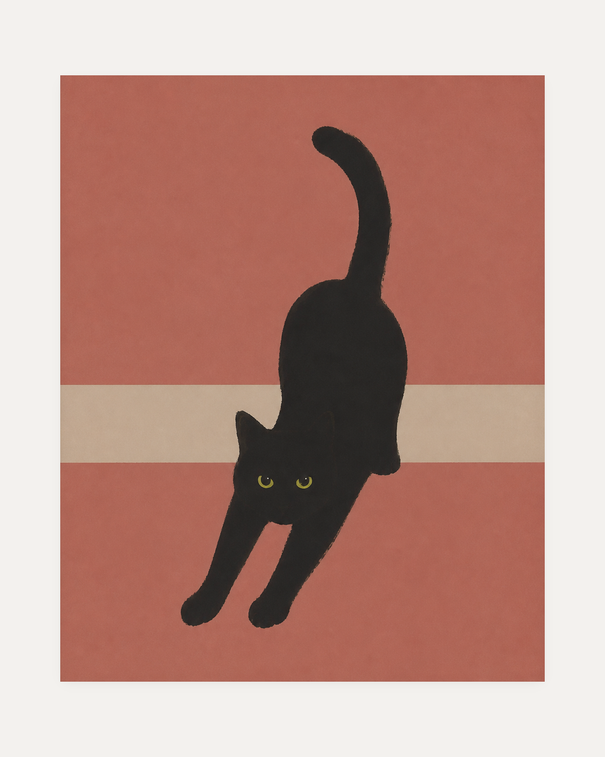 After Nap Cat unframed stretching black cat print showing a black cat stretched over a pale band
