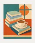 Coffee Break unframed coffee art print showing a white coffee cup on stacked books