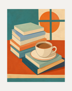 Coffee Break unframed coffee art print showing a white coffee cup on stacked books