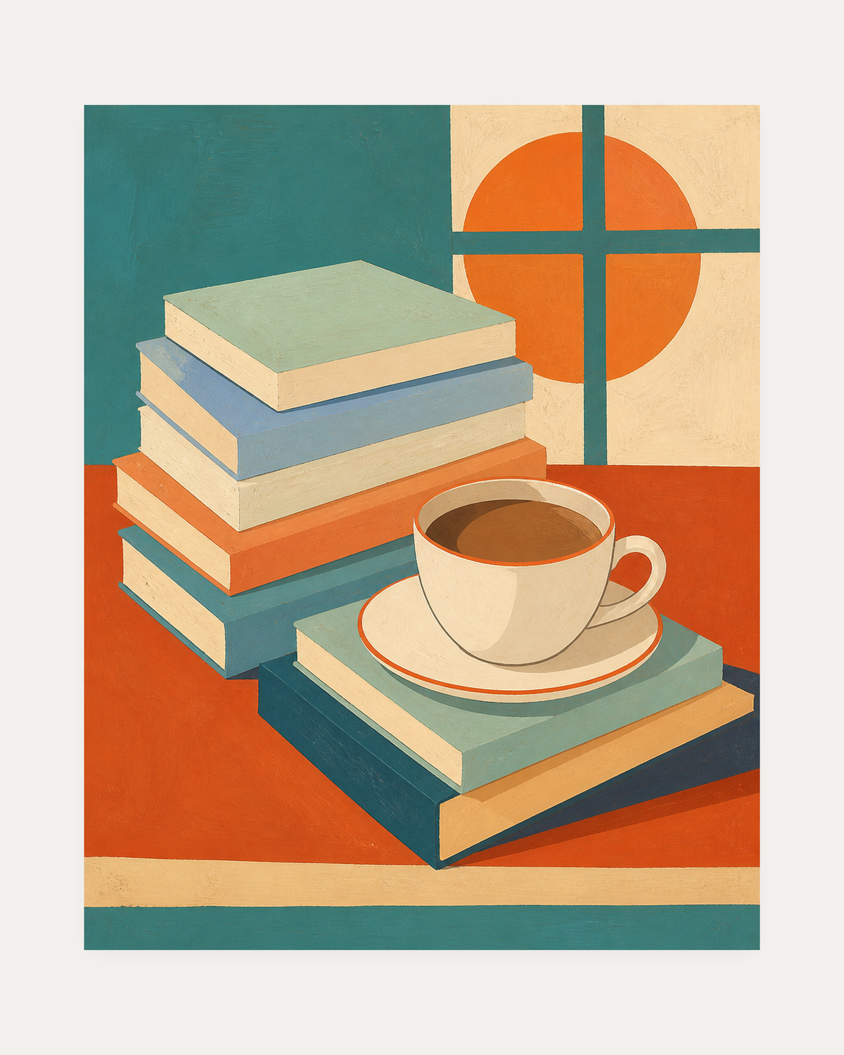 Coffee Break unframed coffee art print showing a white coffee cup on stacked books
