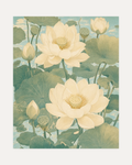 Pond Pair, lotus pond wall art, two cream lotus blooms, rounded sage pads, cyan pond panel