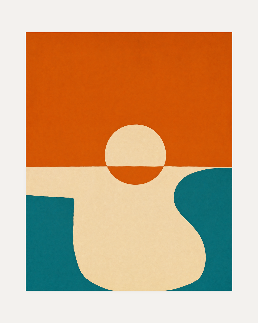 Horizon Sun unframed circle and line composition print showing circle, horizontal line, and organic shapes in orange, beige, and teal